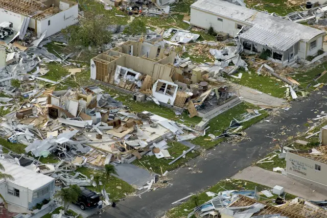 Aerial view of homes destroyed by Hurricane Charley in Punta Gorda, Florida, 2004