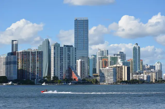 Brickell financial district skyline in Miami, Florida, seen from the Rickenbacker Causeway
