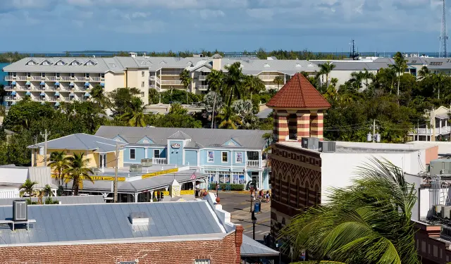 Historic buildings on the corner of Front Street and Duval Street in Key West, Florida